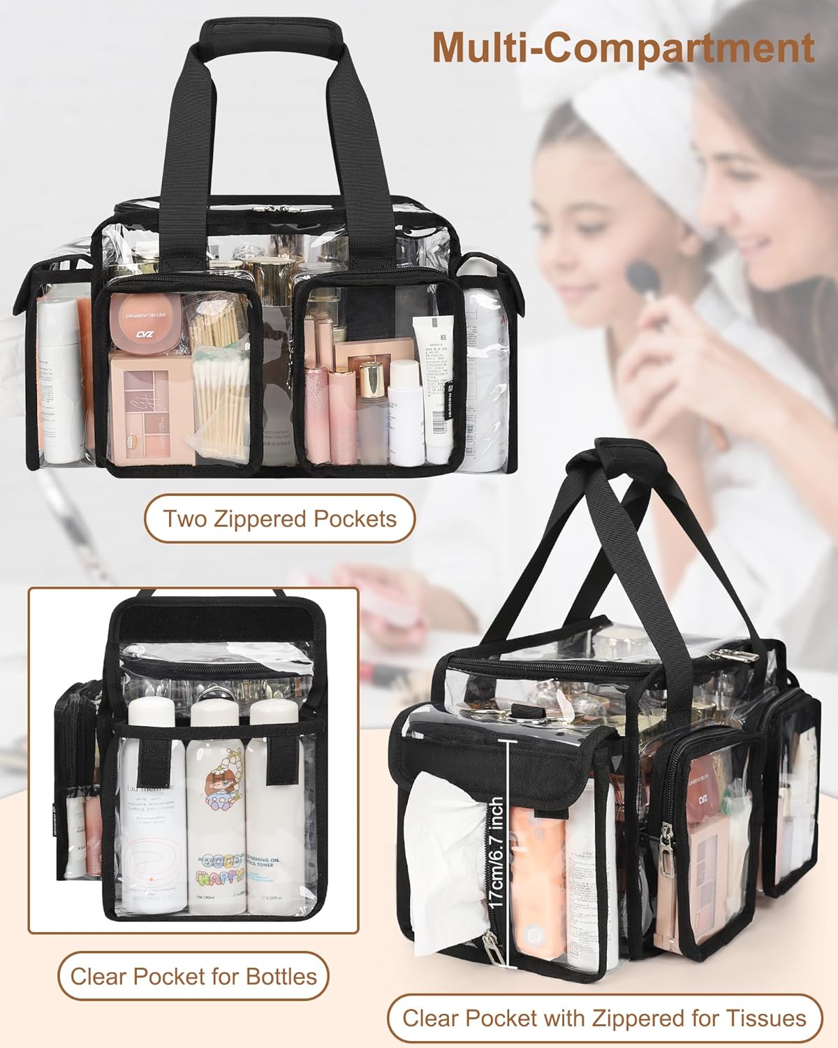 Relavel Clear Travel Makeup Shoulder Bag with Adjustable Dividers, Black