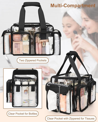 Relavel Clear Travel Makeup Shoulder Bag with Adjustable Dividers, Black