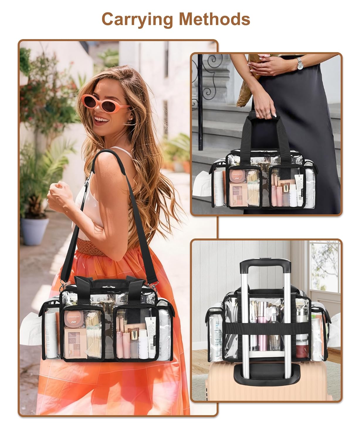 Relavel Clear Travel Makeup Shoulder Bag with Adjustable Dividers, Black