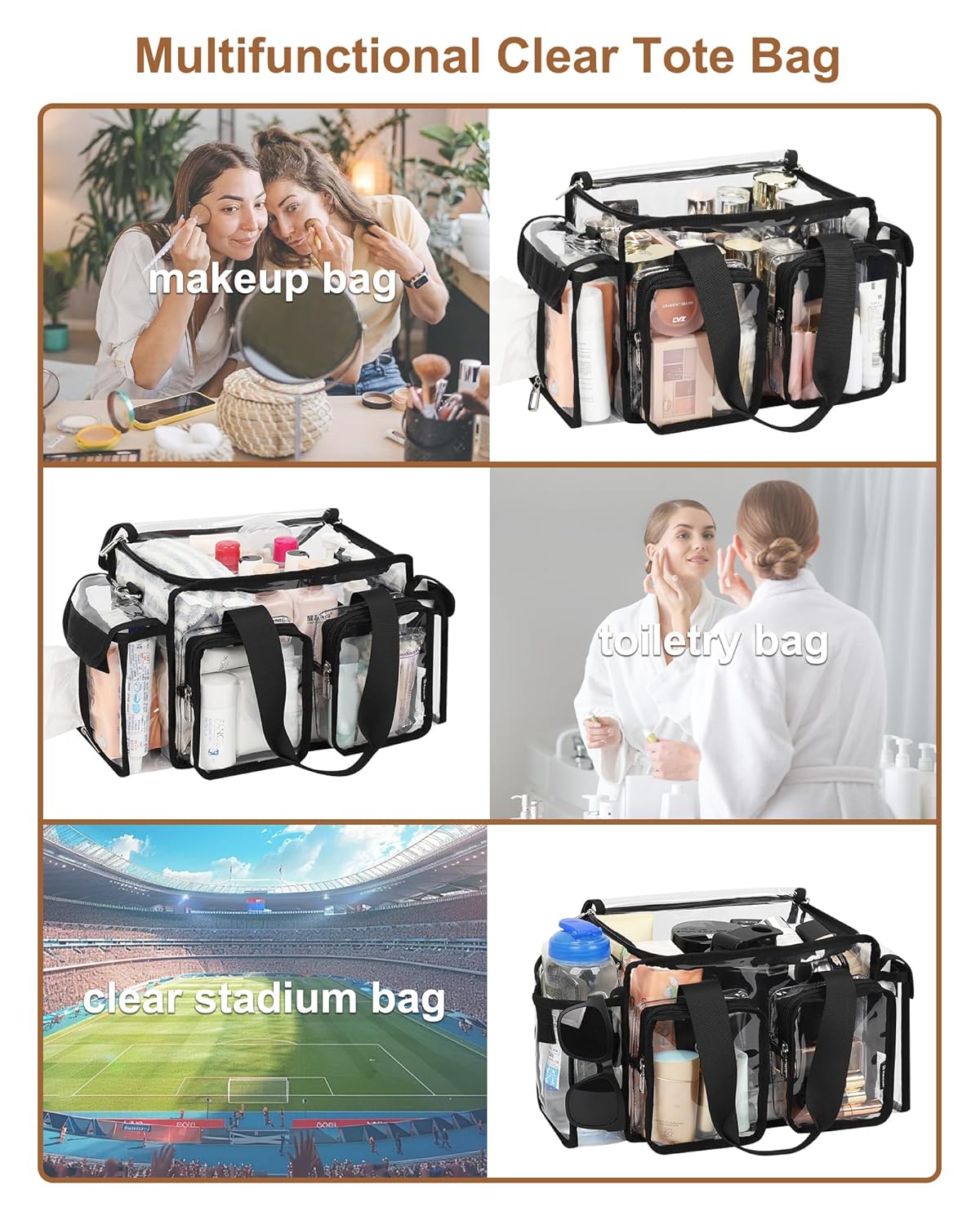 Relavel Clear Travel Makeup Shoulder Bag with Adjustable Dividers, Black