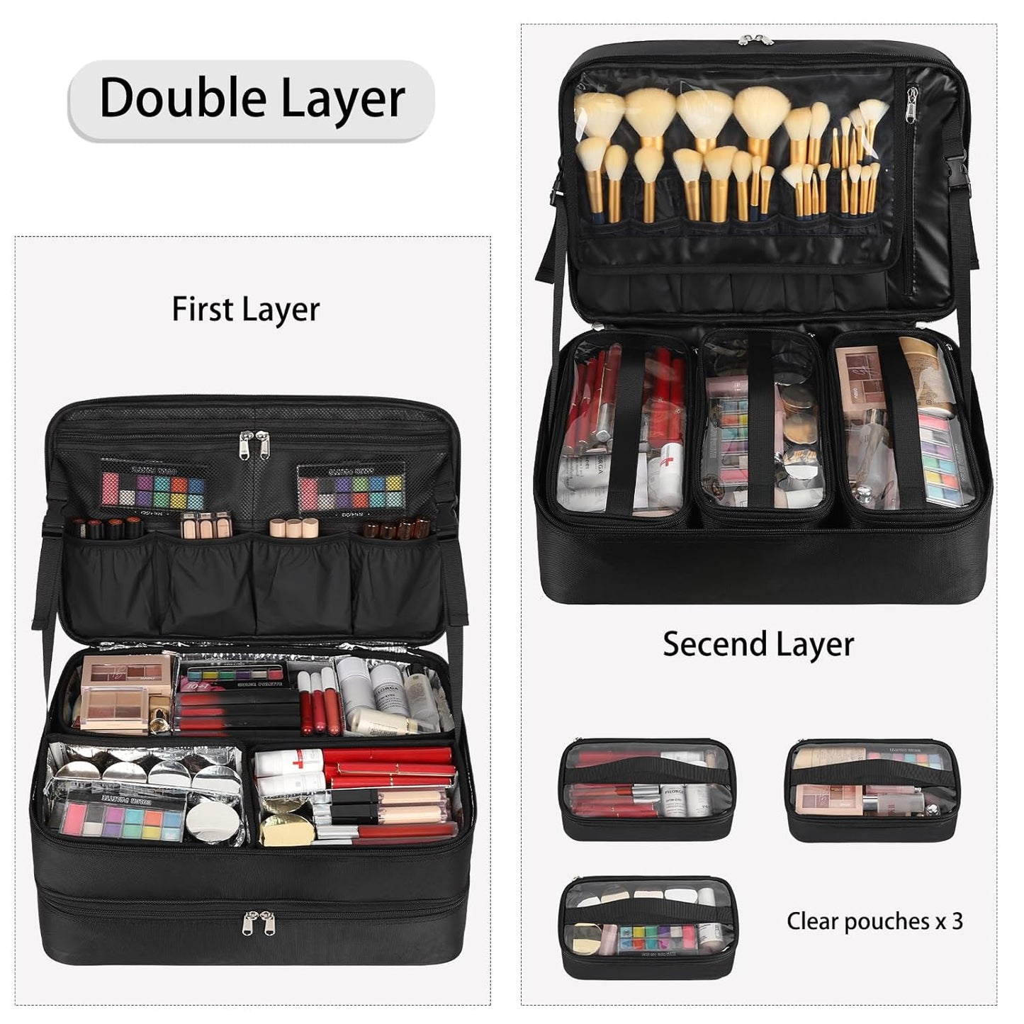 Available for sale in the United States only.Double Layer Extra Large Makeup Case with 3 Detachable compartments and 3 Makeup Bags