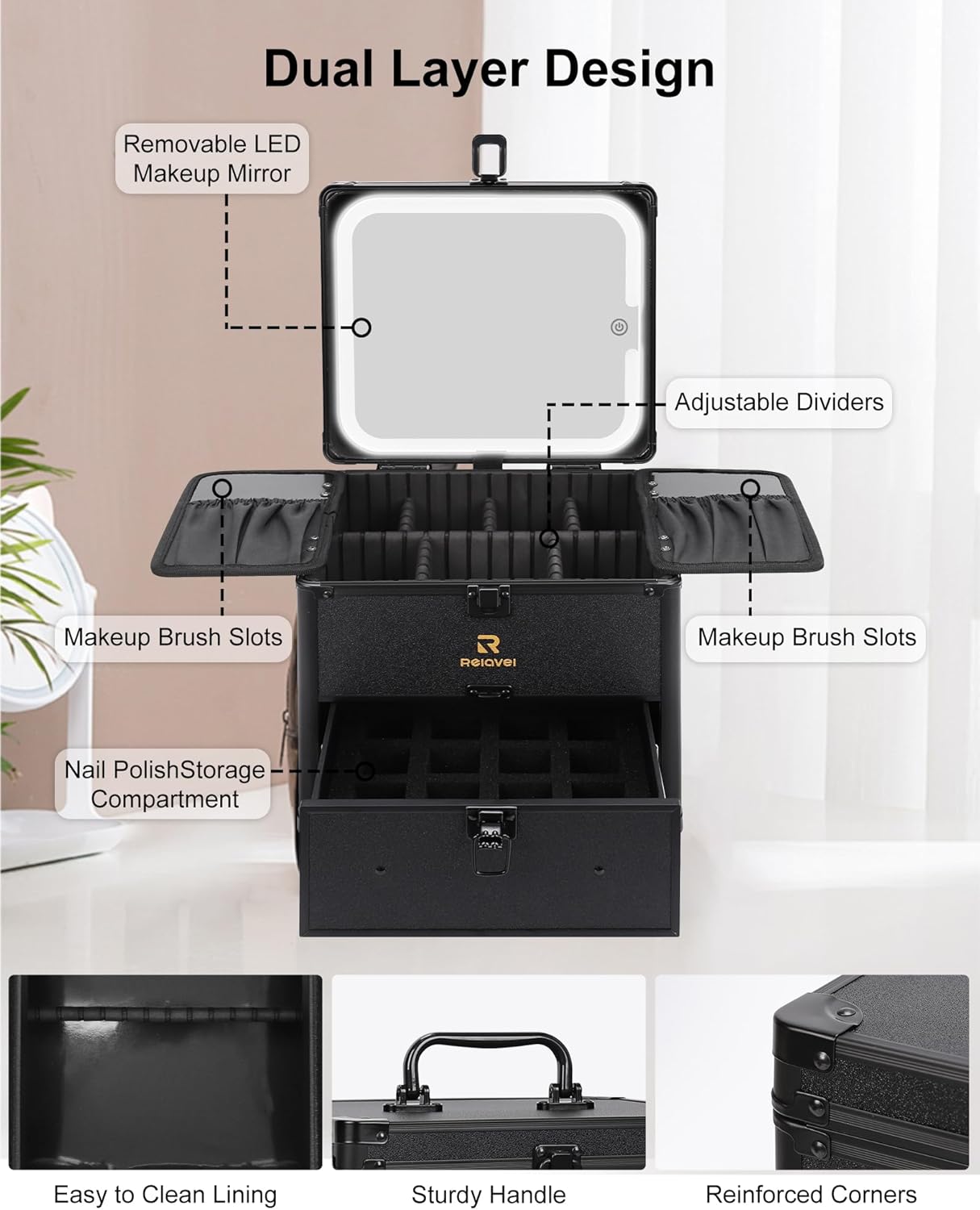 Available for sale in the United States only.Relavel Dual Layer Makeup Case with LED Mirror