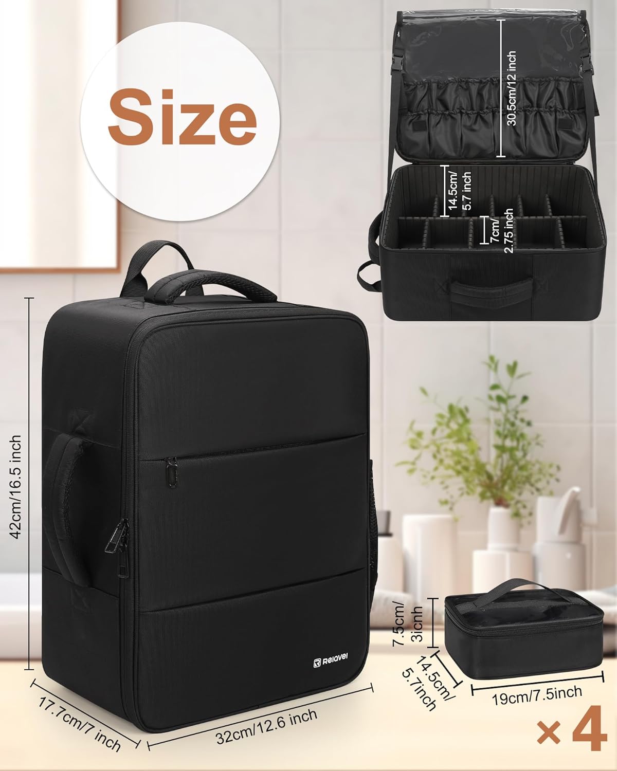 Relavel Extra Large Makeup Backpack with 4 Clear Bags