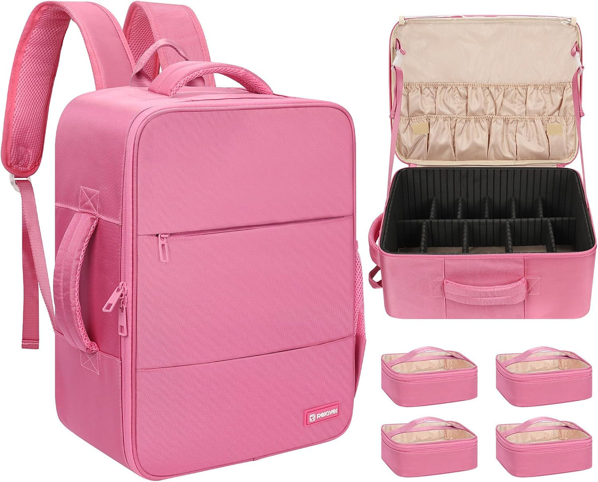 Relavel Extra Large Makeup Backpack with 4 Clear Bags, Rose Pink