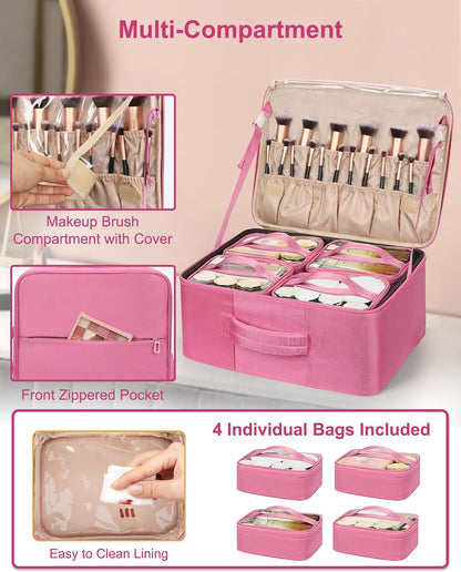 Relavel Extra Large Makeup Backpack with 4 Clear Bags, Rose Pink