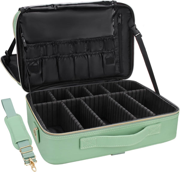 Relavel Travel Makeup Train Case Makeup Cosmetic Case Organizer Portable Artist Storage Bag with Adjustable Dividers for Cosmetics Makeup Brushes Toiletry Jewelry Digital Accessories Green