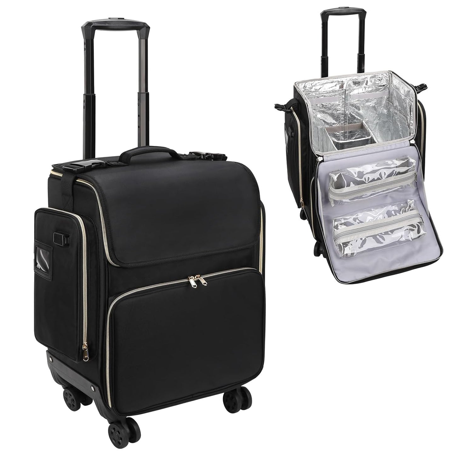 Large Barber Case,Rolling Travel Cosmetic Train Case with Anti-scalding layer of tin foil,Black