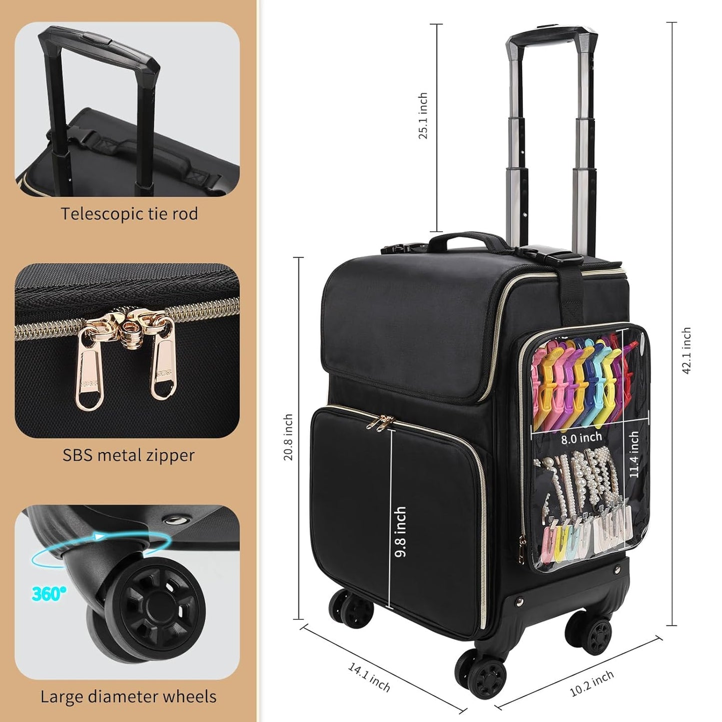 Large Barber Case,Rolling Travel Cosmetic Train Case with Anti-scalding layer of tin foil,Black