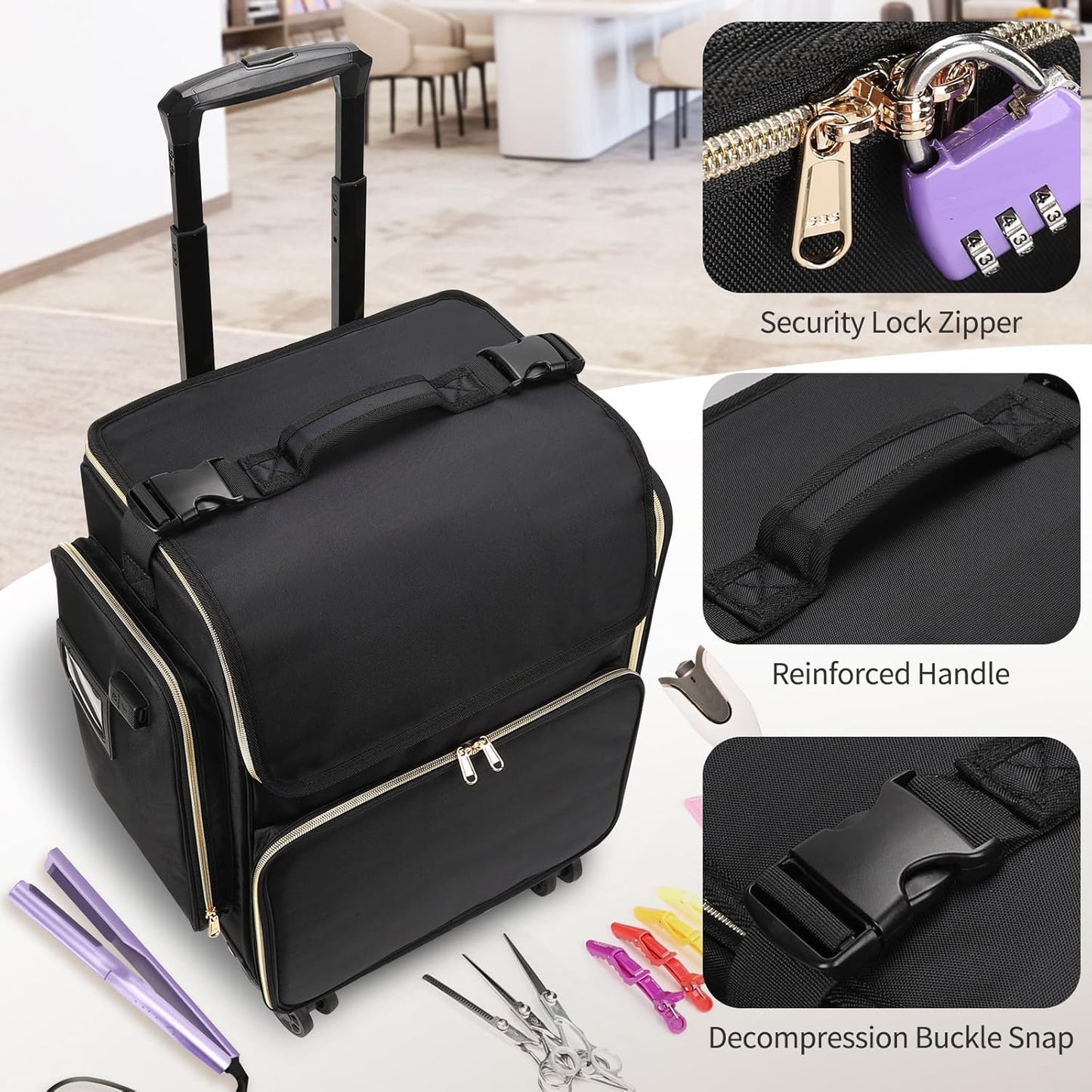 Available for sale in the United States only.Hairstylist Traveling Case with four 360° Rotatable Wheels