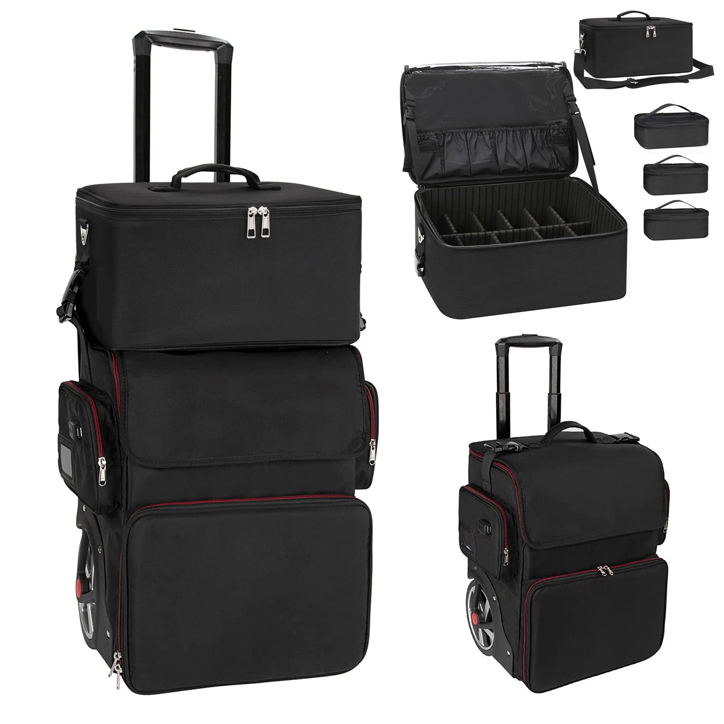 Large Barber Case,Rolling Travel Cosmetic Train Case with Anti-scalding layer of tin foil,Black