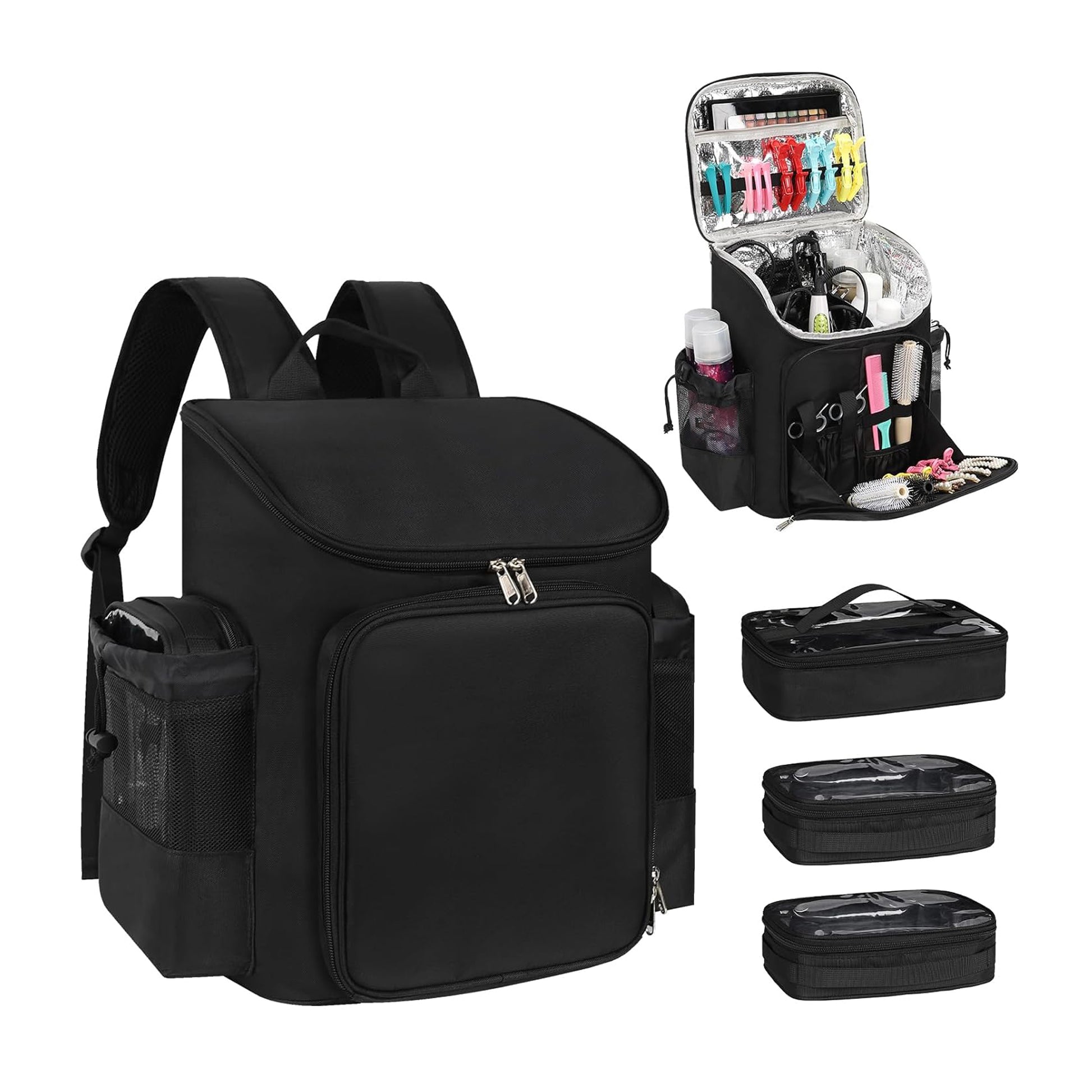 Large Capacity Hairdresser Bag with 3 Clear Makeup Bags – Relavel