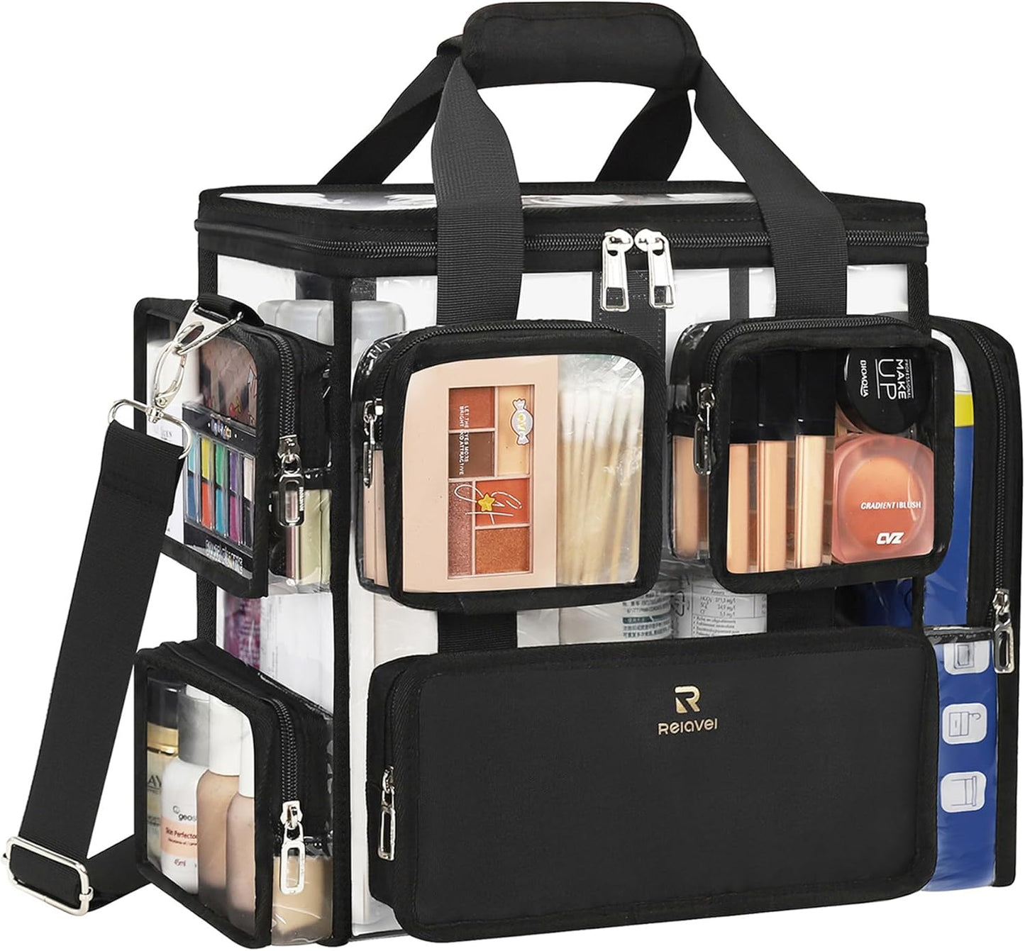 Available for sale in the United States only.Relavel Large Clear Travel Makeup Bag with Removable Dividers