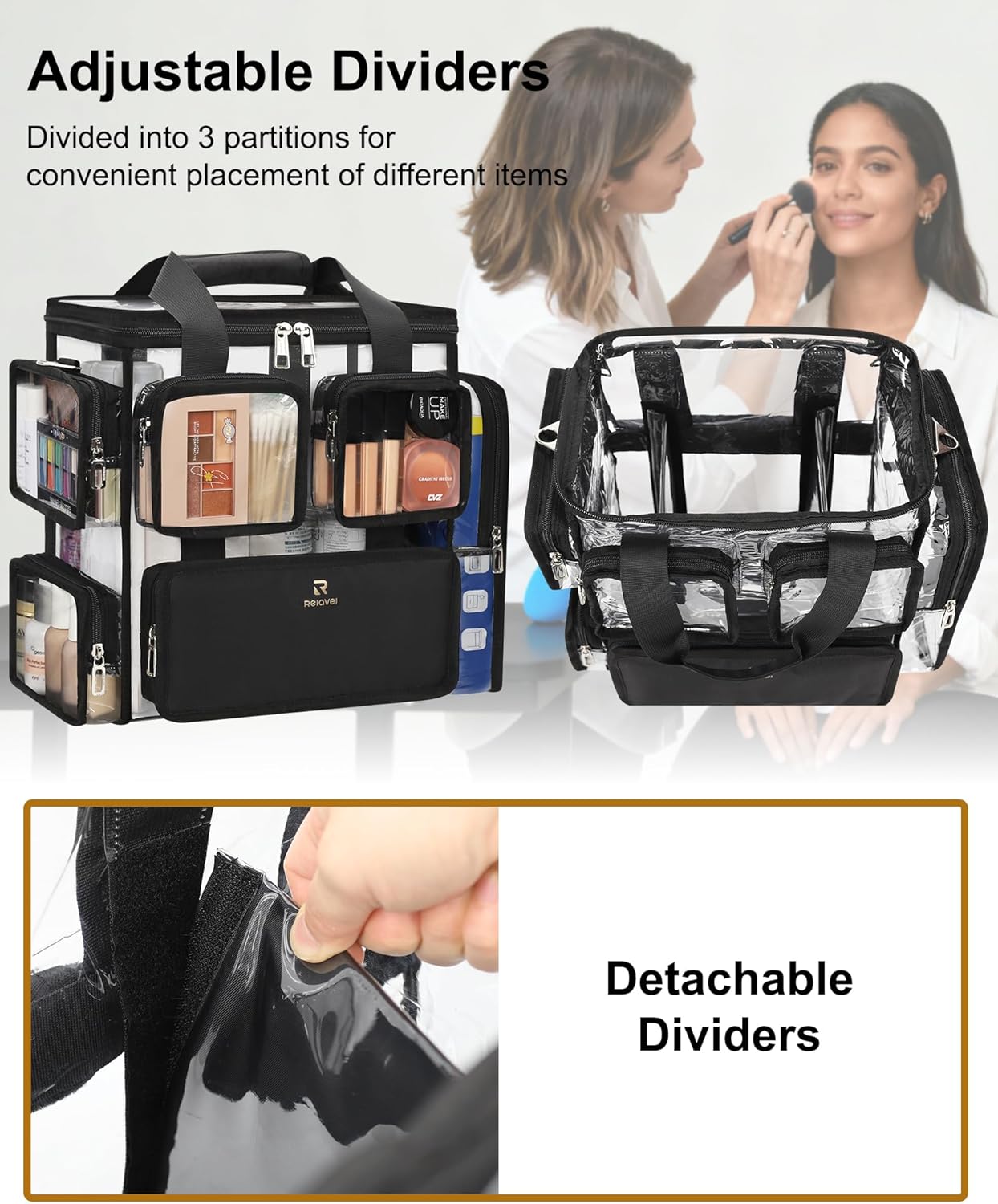 Available for sale in the United States only.Relavel Large Clear Travel Makeup Bag with Removable Dividers