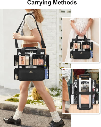 Available for sale in the United States only.Relavel Large Clear Travel Makeup Bag with Removable Dividers