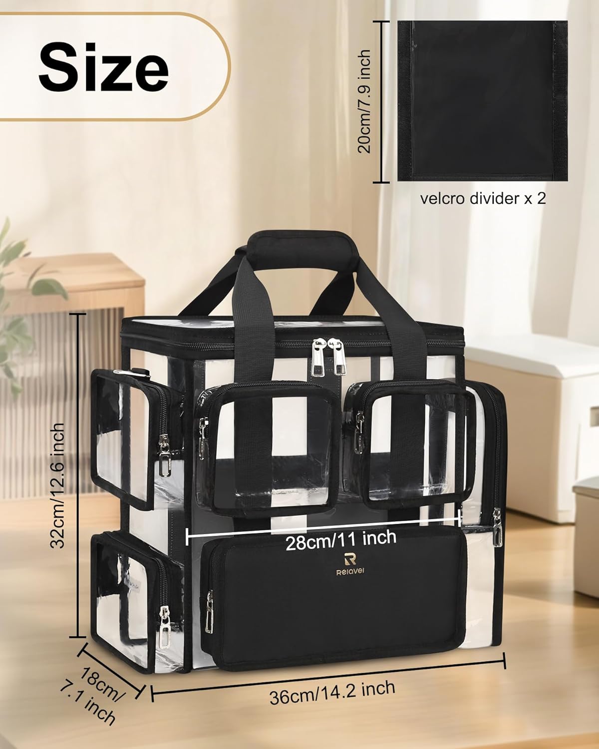Available for sale in the United States only.Relavel Large Clear Travel Makeup Bag with Removable Dividers