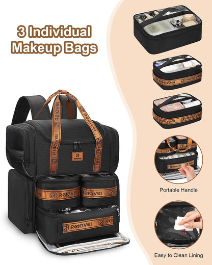 Relavel Large Makeup Backpack with 3 Clear Bags, Black