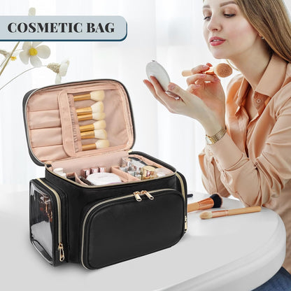 Large Makeup Bag with Makeup Brush Compartment & Two Side Pockets Black