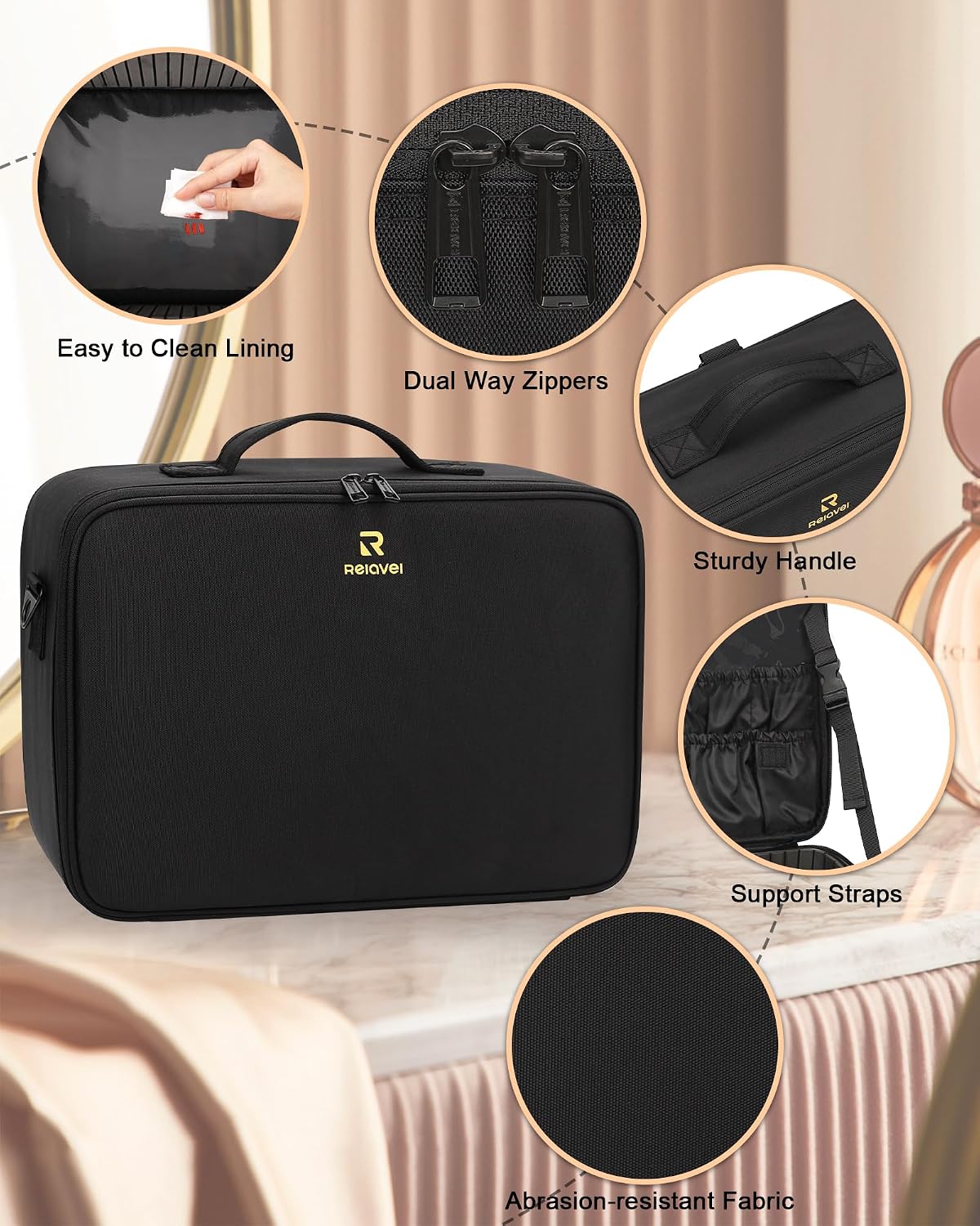 Relavel Large Makeup Case with 3 Clear Set Bags