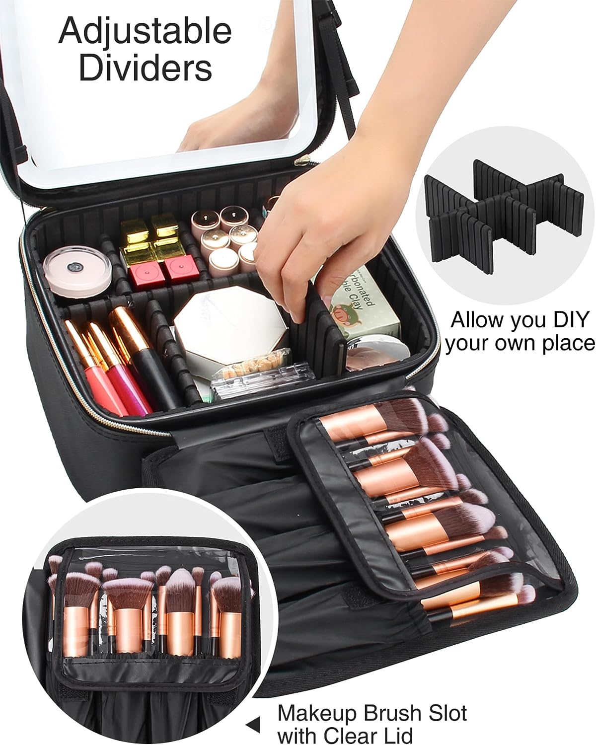 Relavel Black Small Makeup Case with Light Up Mirror Pink
