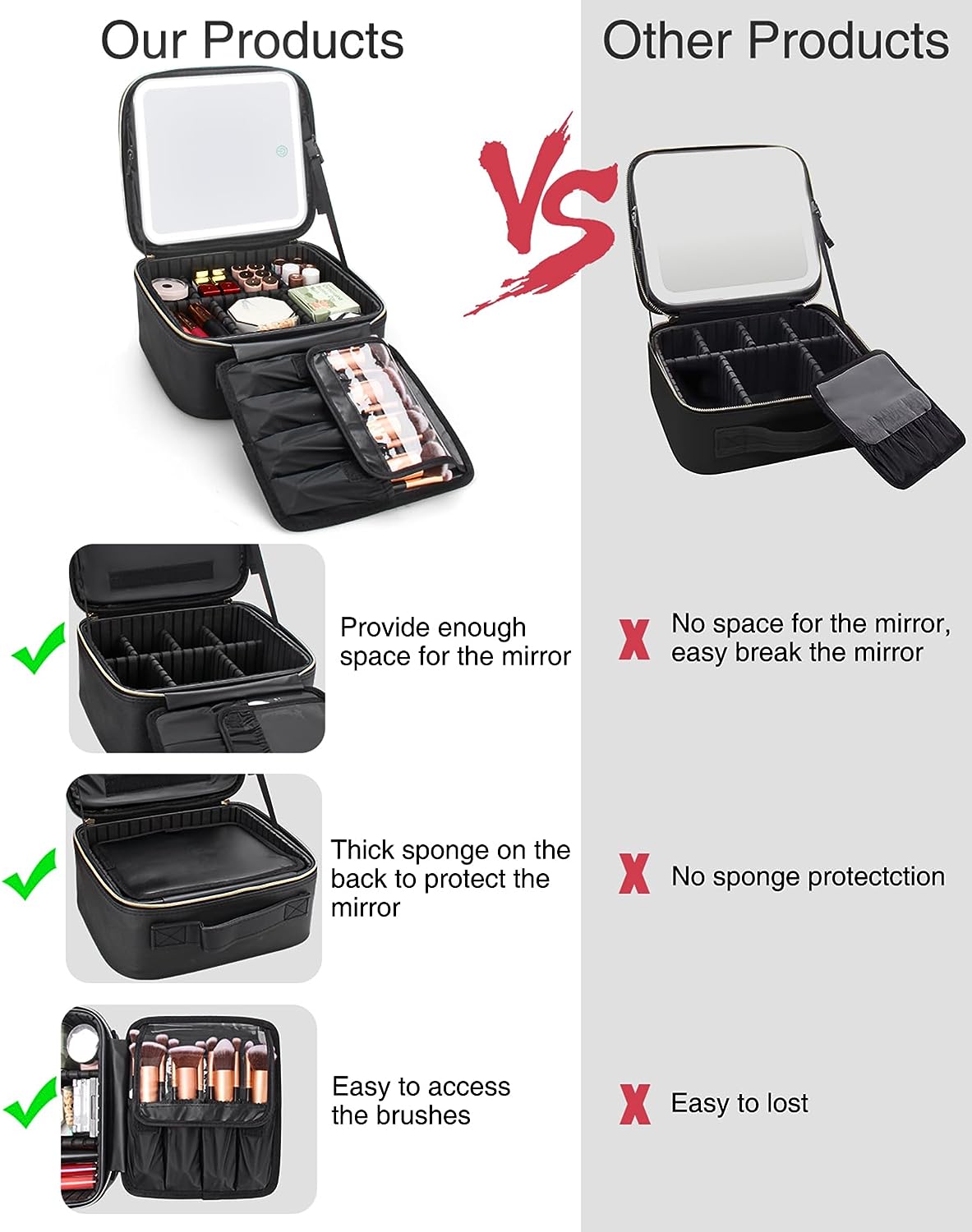 Relavel Black Small Makeup Case with Light Up Mirror Pink