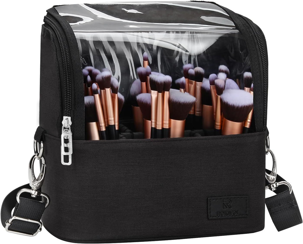 Makeup Brush Case with Shoulder Strap and Adjustable Divider (Large Black)
