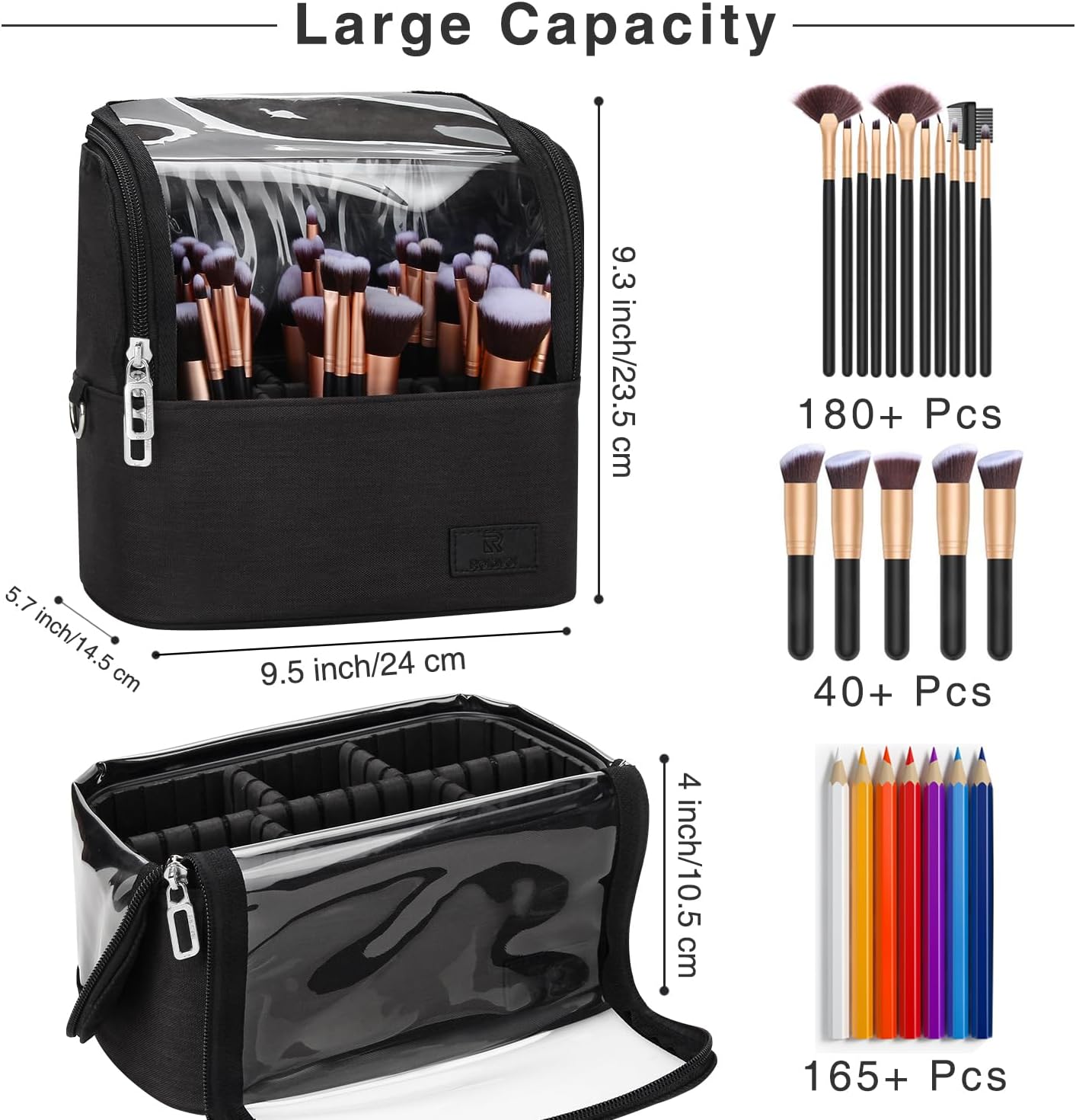 Makeup Brush Case with Shoulder Strap and Adjustable Divider (Large Black)