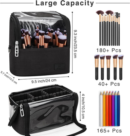 Makeup Brush Case with Shoulder Strap and Adjustable Divider (Large Black)