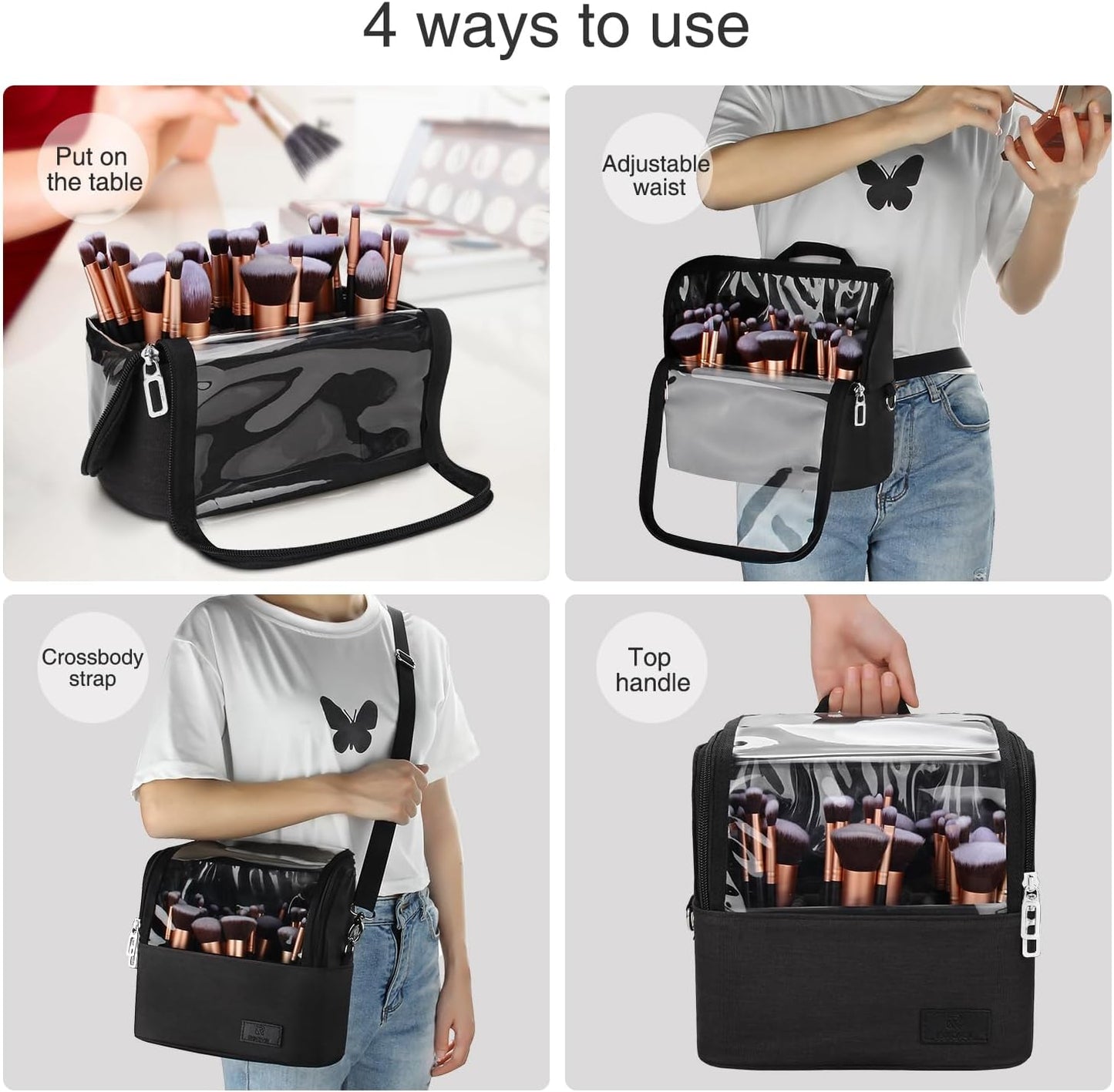 Makeup Brush Case with Shoulder Strap and Adjustable Divider (Large Black)