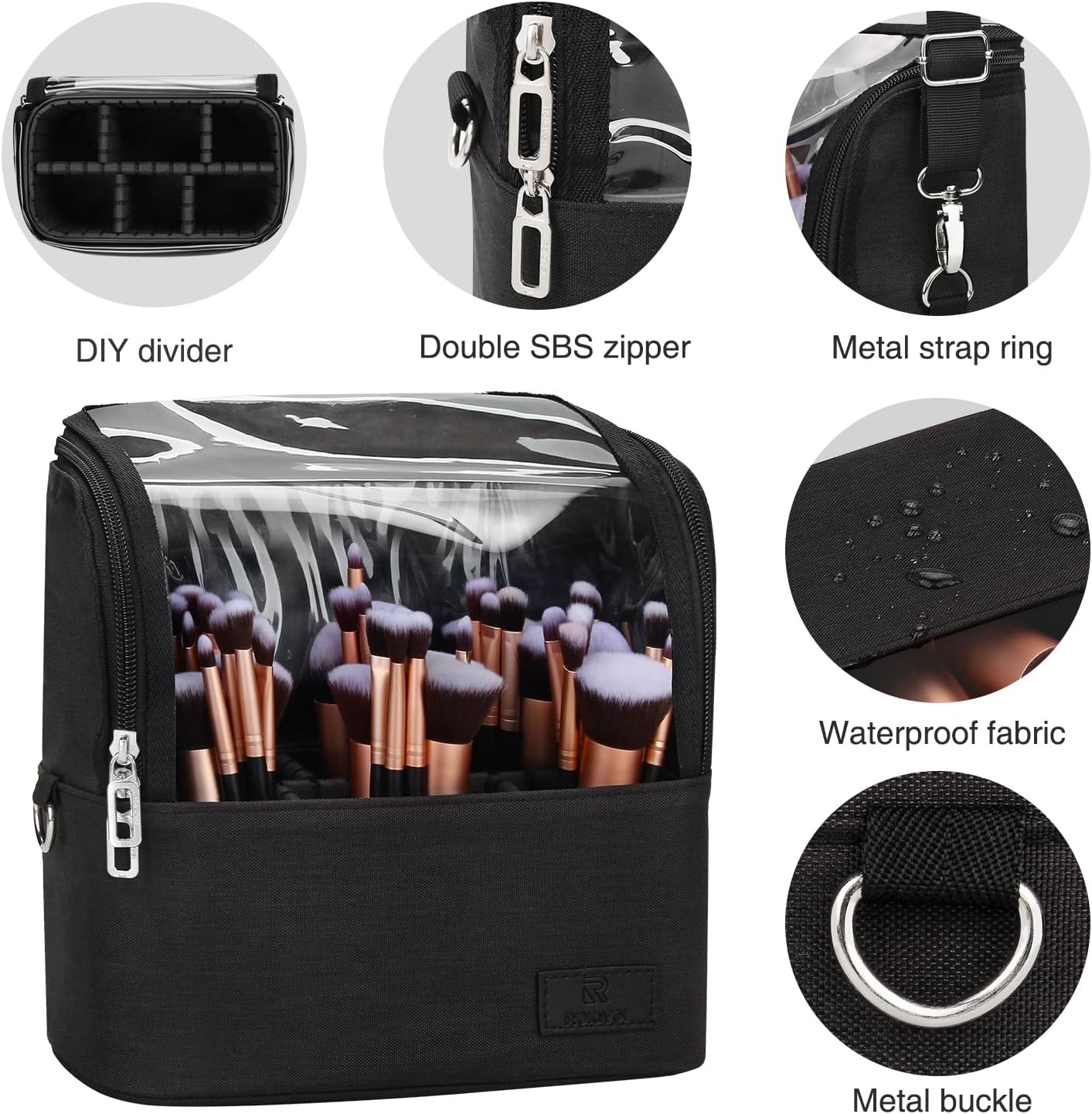 Makeup Brush Case with Shoulder Strap and Adjustable Divider (Large Black)