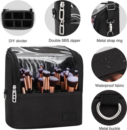 Makeup Brush Case with Shoulder Strap and Adjustable Divider (Large Black)