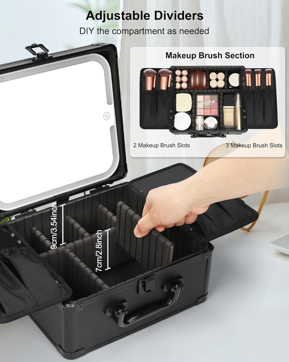 Relavel Makeup Case with Rechargeable Lighted Mirror & Adjustable Dividers, Cosmetic Brush Organizer Storage