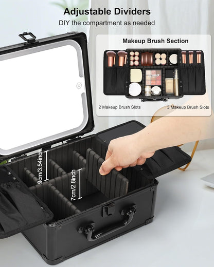 Relavel Makeup Case with Rechargeable Lighted Mirror & Adjustable Dividers, Cosmetic Brush Organizer Storage