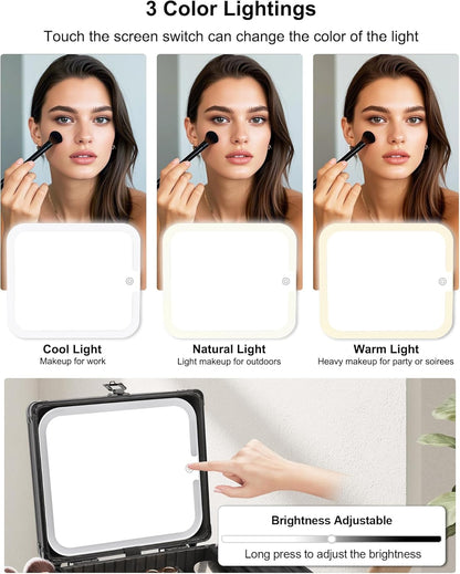 Relavel Makeup Case with Rechargeable Lighted Mirror & Adjustable Dividers, Cosmetic Brush Organizer Storage