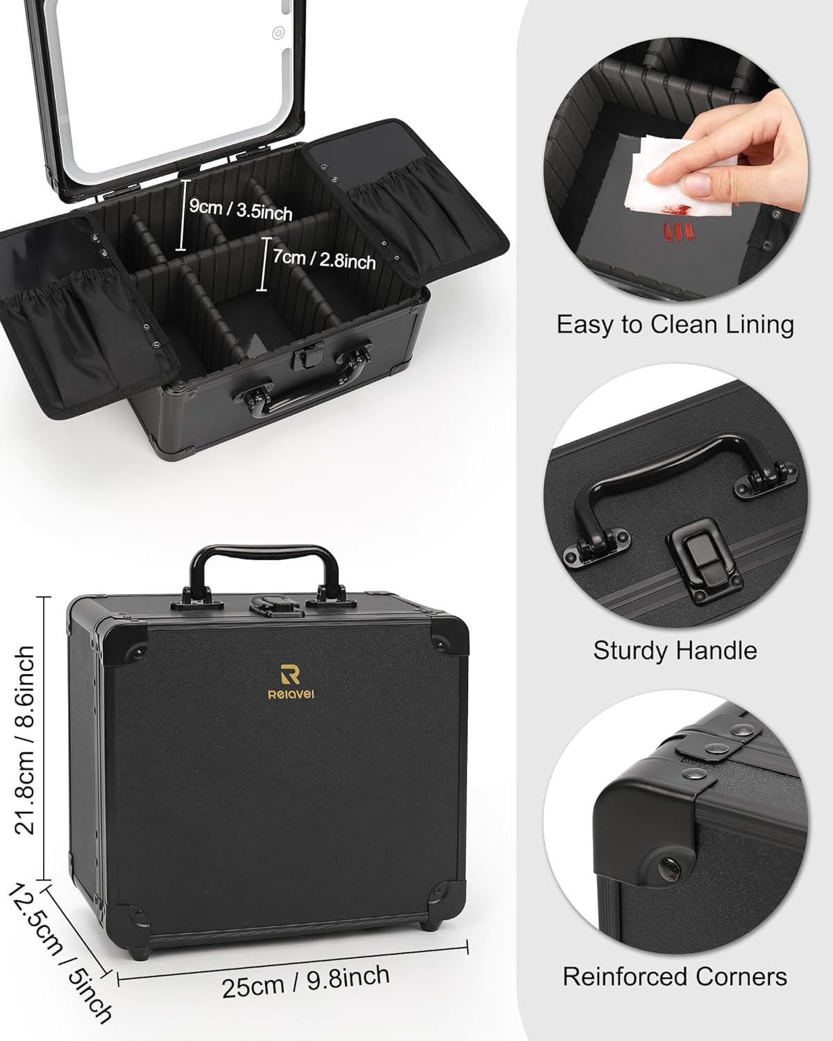 Relavel Makeup Case with Rechargeable Lighted Mirror & Adjustable Dividers, Cosmetic Brush Organizer Storage