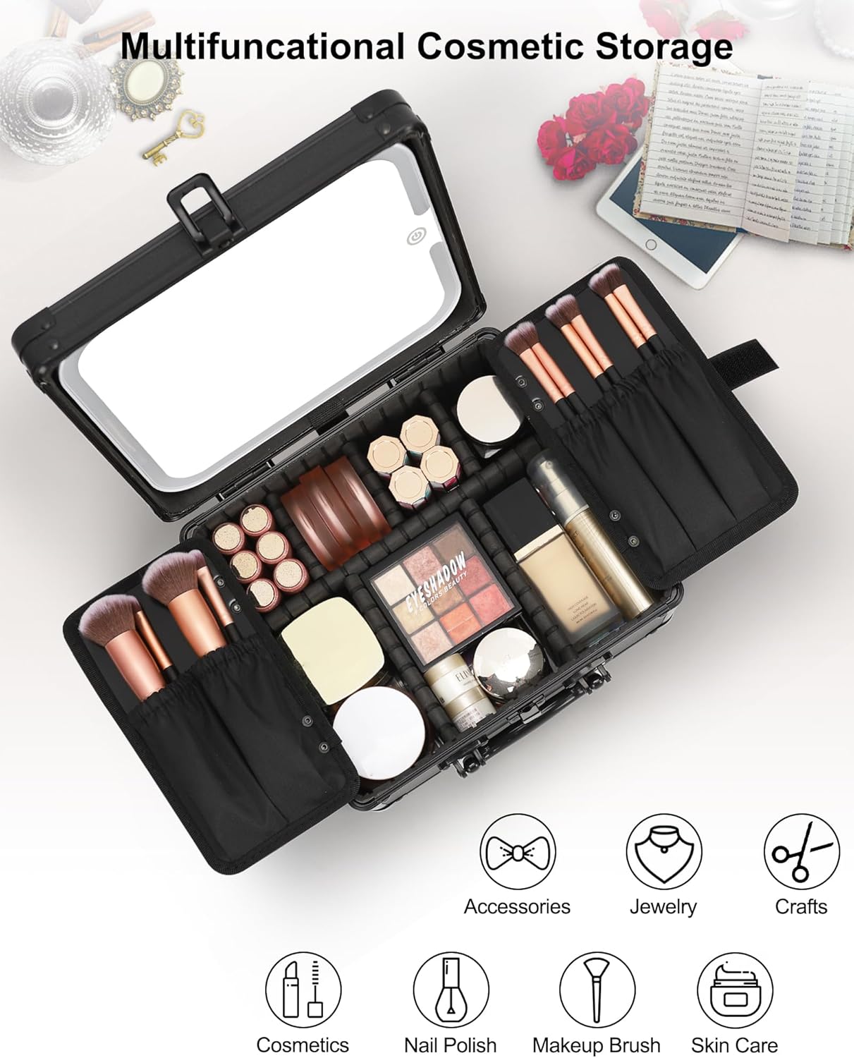 Relavel Makeup Case with Rechargeable Lighted Mirror & Adjustable Dividers, Cosmetic Brush Organizer Storage