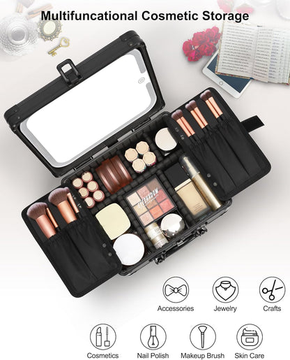 Relavel Makeup Case with Rechargeable Lighted Mirror & Adjustable Dividers, Cosmetic Brush Organizer Storage