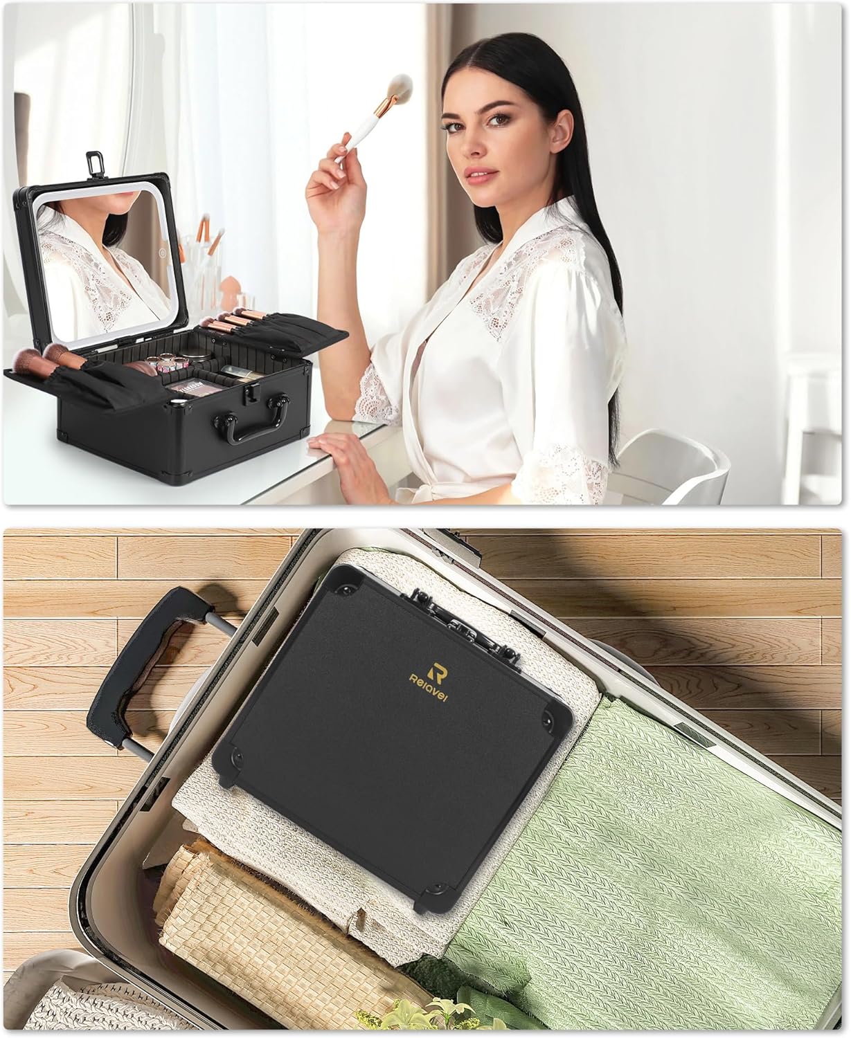 Relavel Makeup Case with Rechargeable Lighted Mirror & Adjustable Dividers, Cosmetic Brush Organizer Storage