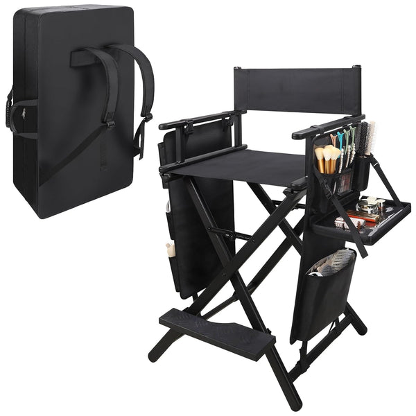 Portable Makeup Artist Chair with Two Side Storage Bags and Footrest and Backpack Tote Bag