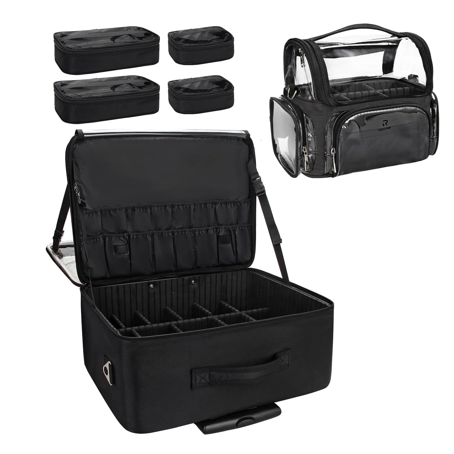 Rolling Extra Large 3-Layer Makeup Train Case With 4 360° Spinner Wheels, Adjustable Dividers