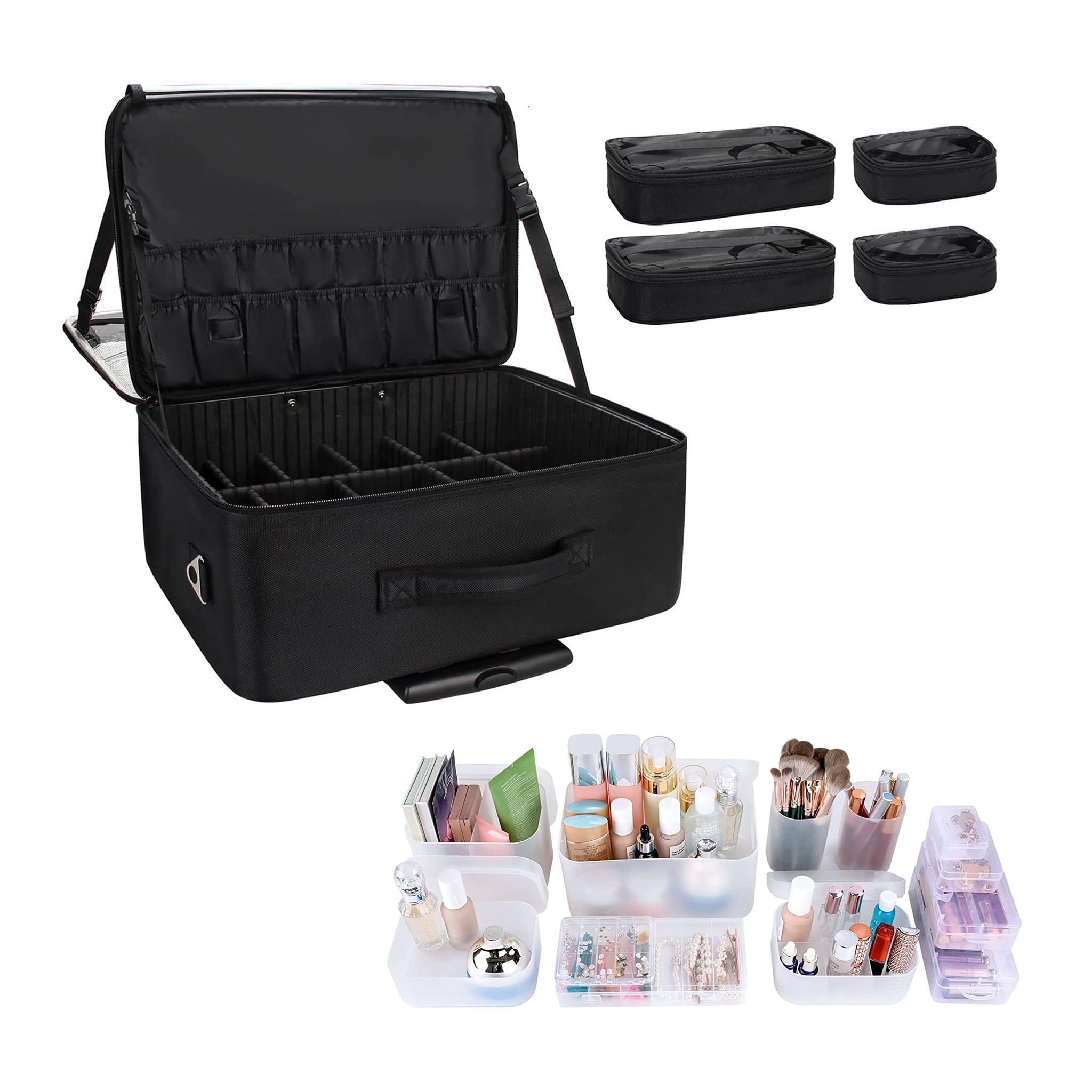 Rolling Extra Large 3-Layer Makeup Train Case with Adjustable Divider ...