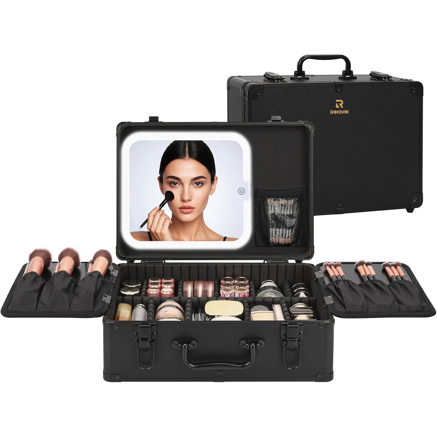 Relavel Medium Makeup Case with Rechargeable Light up Mirror and Adjustable Dividers