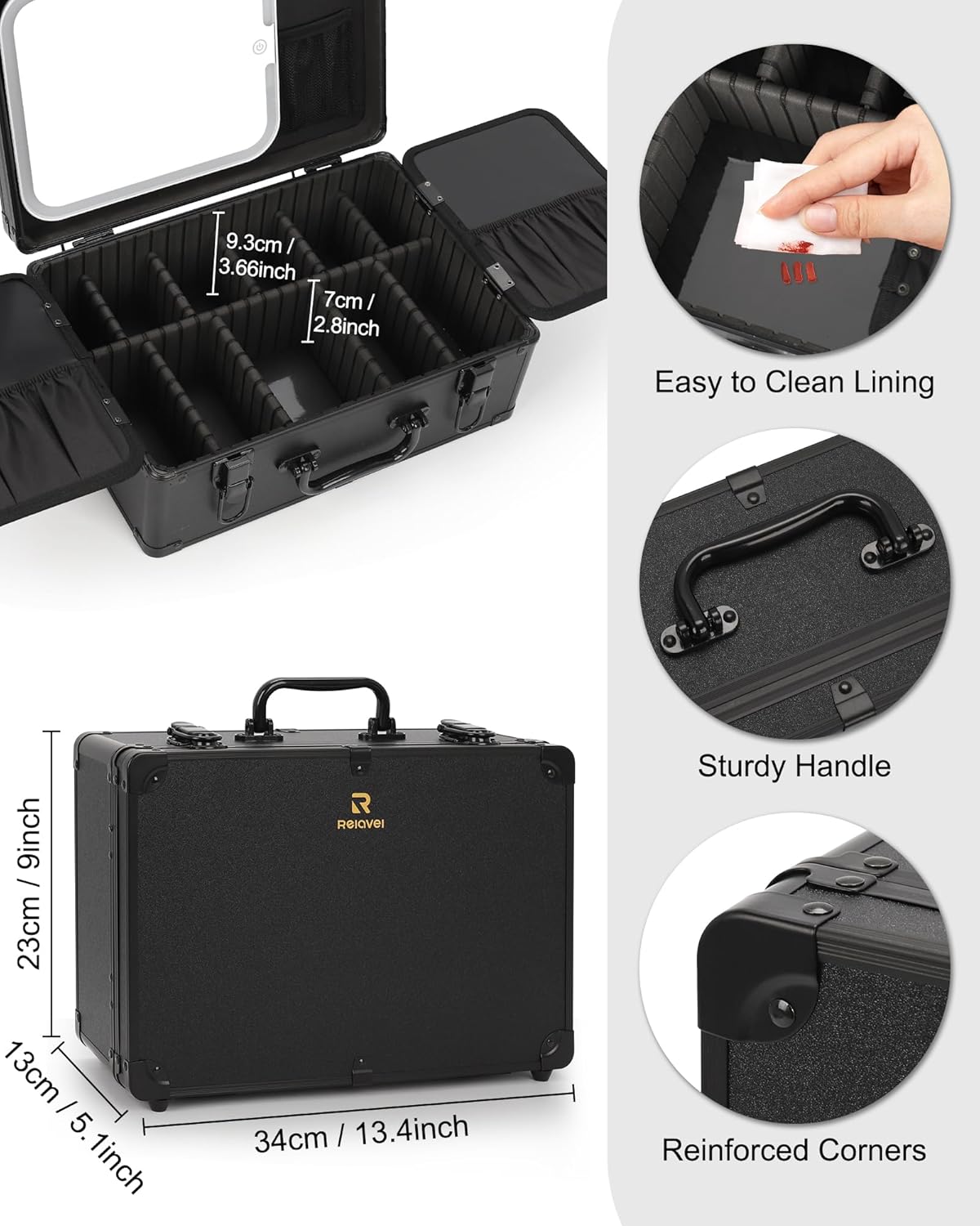 Relavel Medium Makeup Case with Rechargeable Light up Mirror and Adjustable Dividers