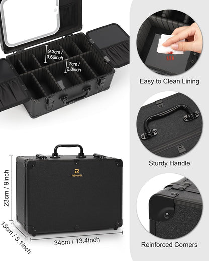 Relavel Medium Makeup Case with Rechargeable Light up Mirror and Adjustable Dividers