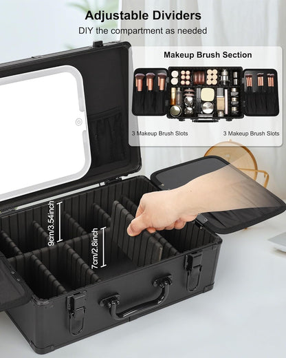 Relavel Medium Makeup Case with Rechargeable Light up Mirror and Adjustable Dividers