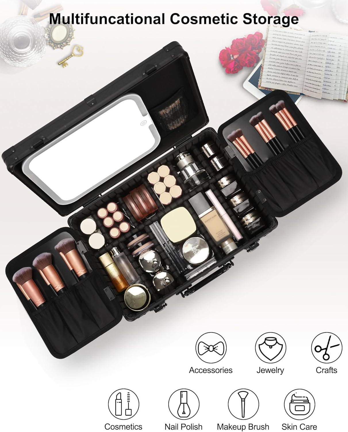 Relavel Medium Makeup Case with Rechargeable Light up Mirror and Adjustable Dividers