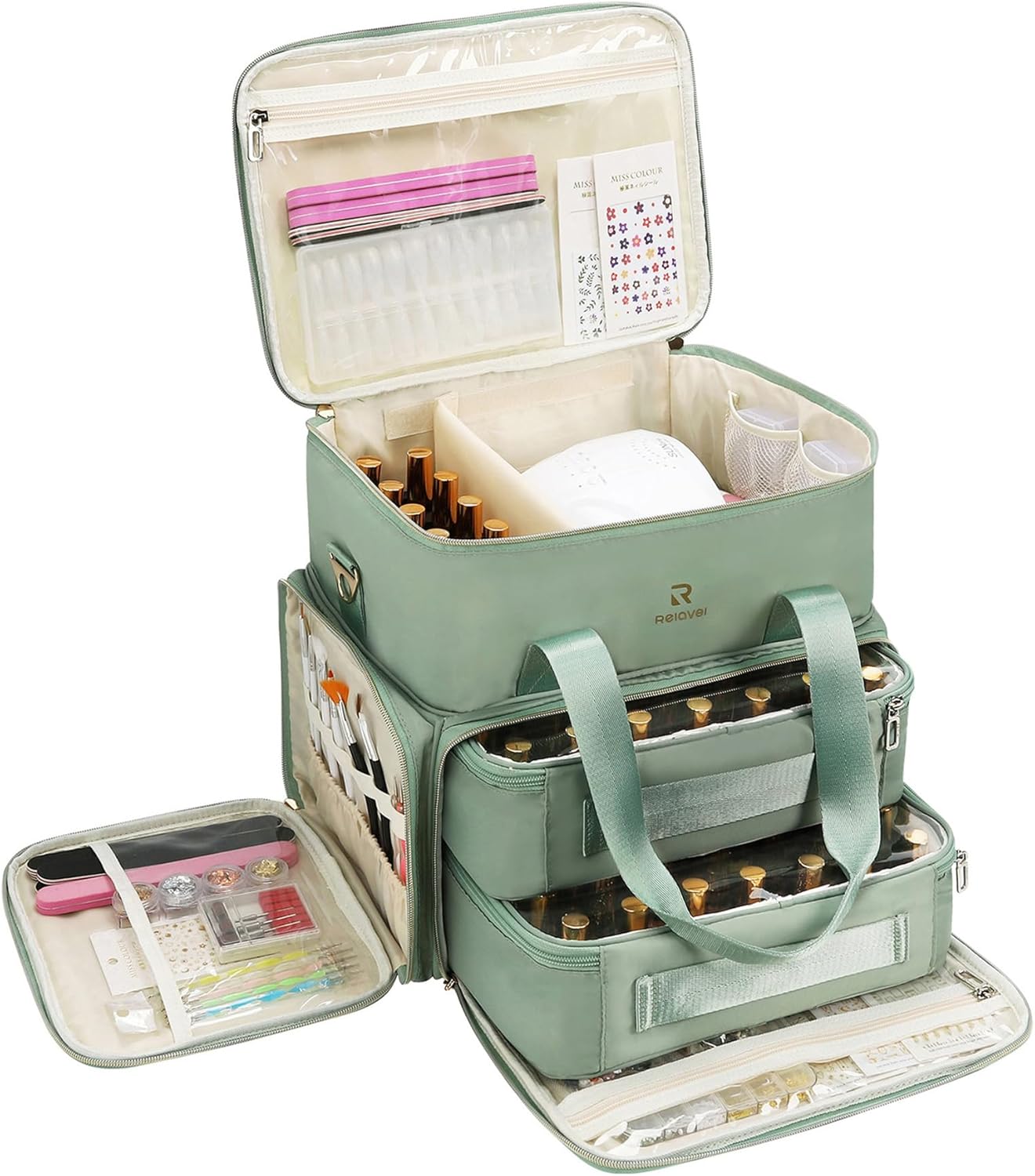 Relavel Nail Polish Organizer, Double Layer Nail Bag Holds 80-100 Bottles (15ml/0.5fl.oz) & Nail Lamp