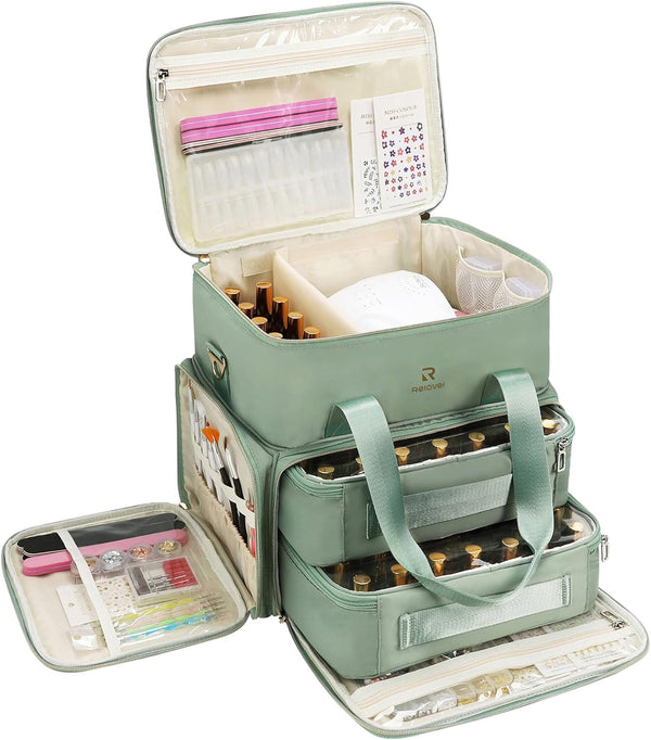 Relavel Nail Polish Organizer, Double Layer Nail Bag Holds 80-100 Bottles (15ml/0.5fl.oz) & Nail Lamp