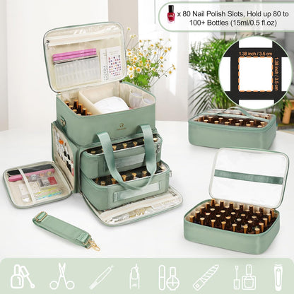 Relavel Nail Polish Organizer, Double Layer Nail Bag Holds 80-100 Bottles (15ml/0.5fl.oz) & Nail Lamp