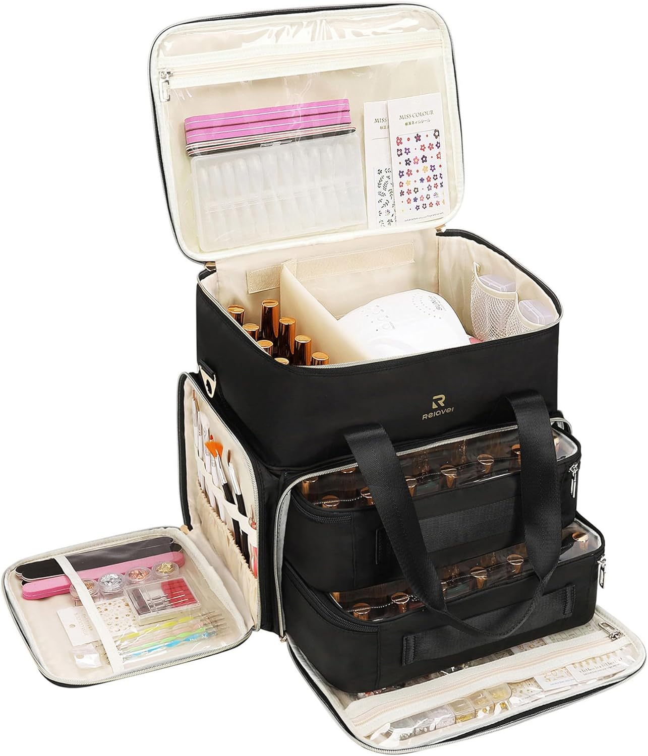 Relavel Nail Polish Organizer, Double Layer Nail Bag Holds 80-100 Bottles (15ml/0.5fl.oz) & Nail Lamp
