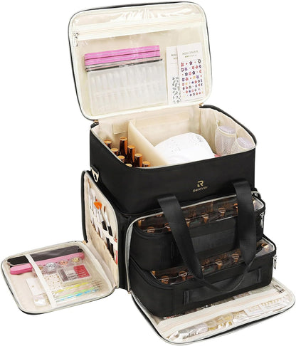 Relavel Nail Polish Organizer, Double Layer Nail Bag Holds 80-100 Bottles (15ml/0.5fl.oz) & Nail Lamp